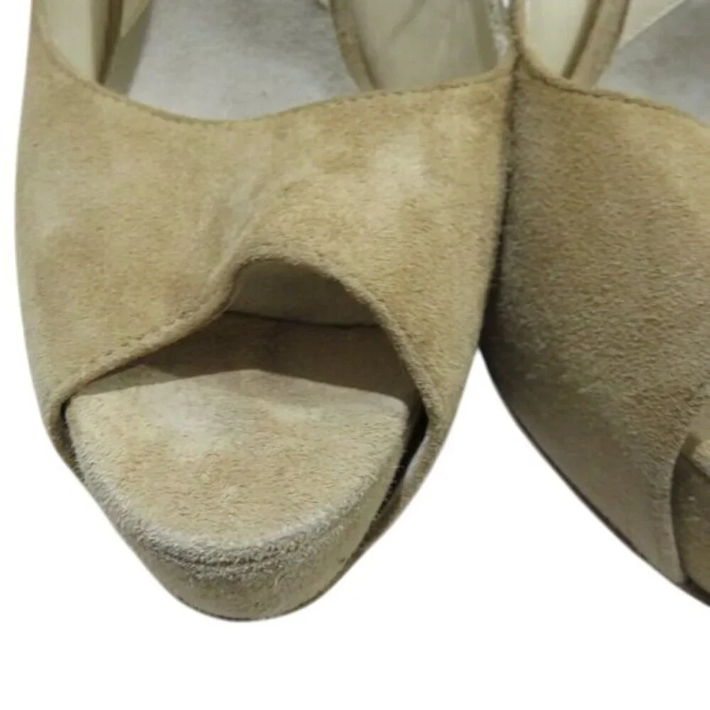 BRIAN ATWOOD Taupe Tan Suede Leather Studded Platform Slingback Peep Toe Pumps
